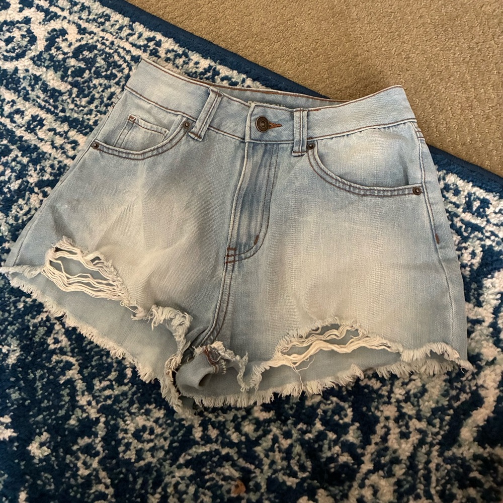 Rewashed Light Blue Distressed Denim Shorts
